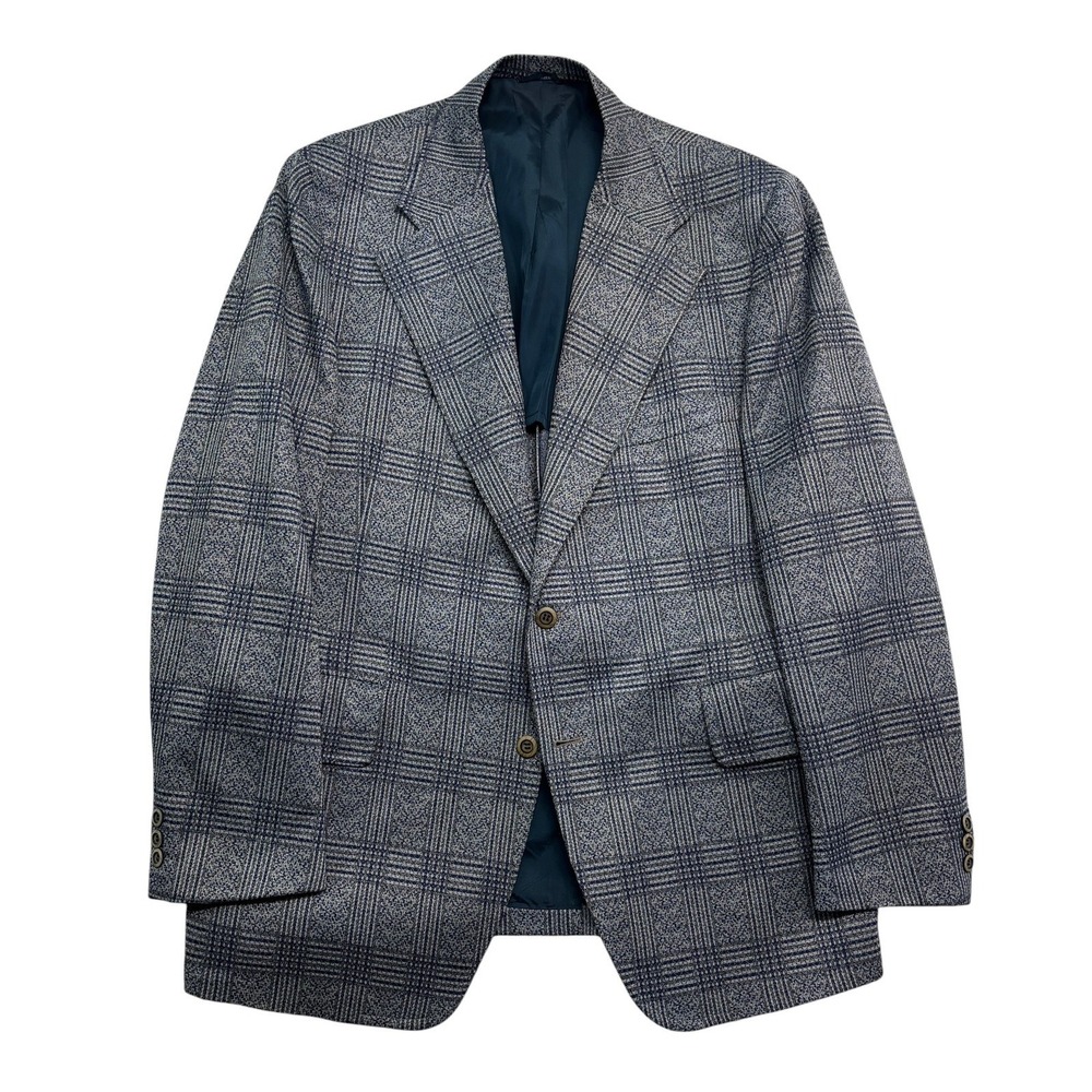 vtg 70s Gray Blue Plaid 44R Retro Polyester Knit Blazer Jacket Sport Suit Coat